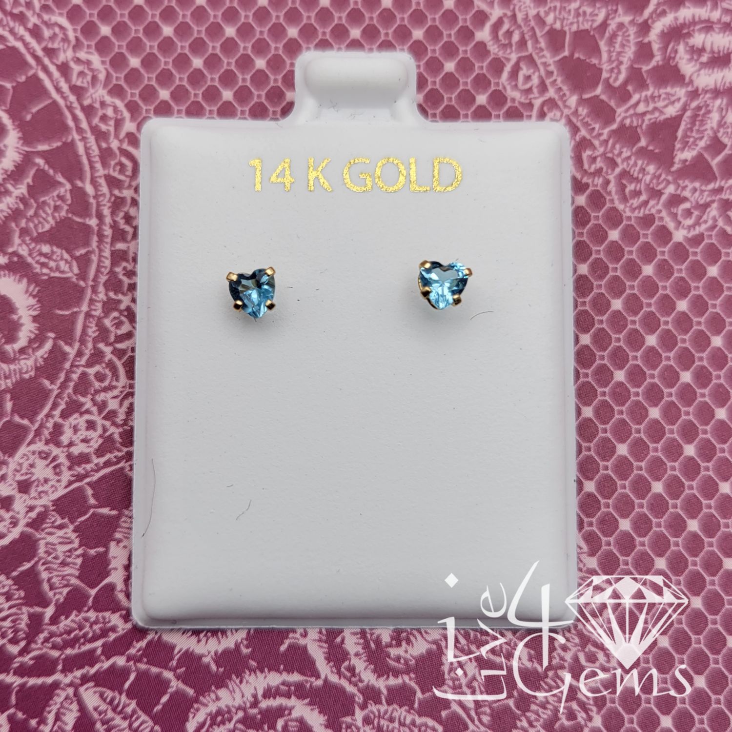 14kt Heart Shaped CZ Screwback Stud, Color: Light Blue