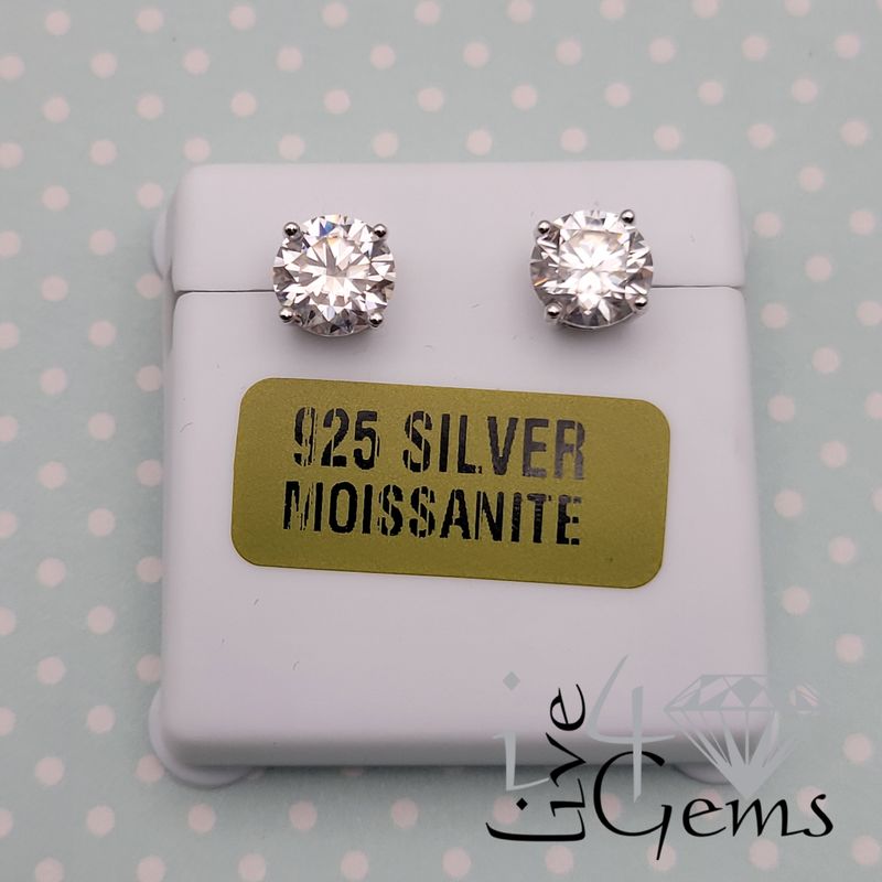 Silver Moissanite Stud- 3ct  6.5mm 4 prong