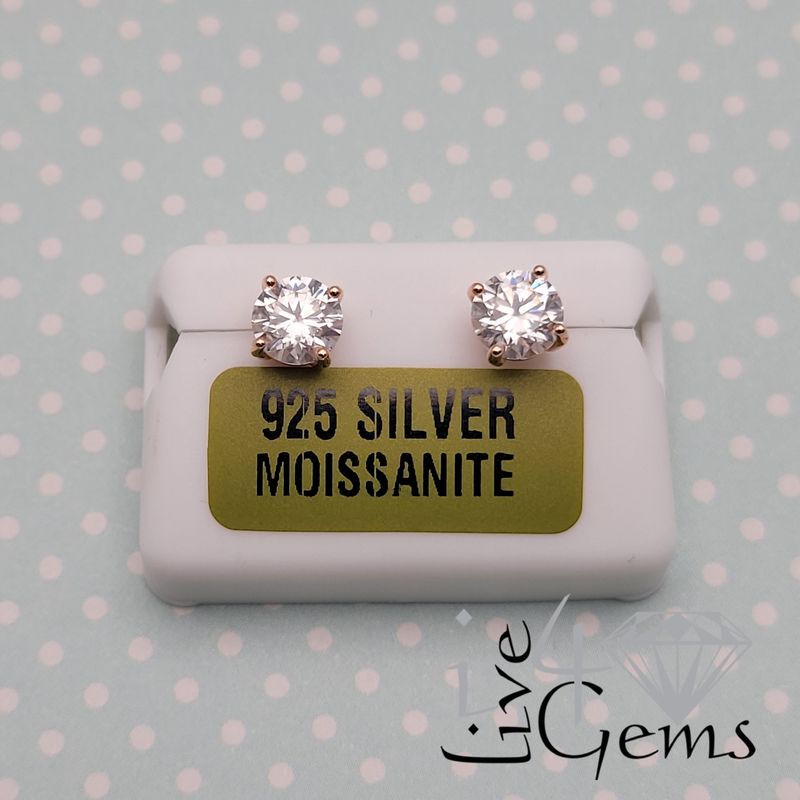 Silver Moissanite Stud- 2ct RG Plated 6.5mm 4 prong