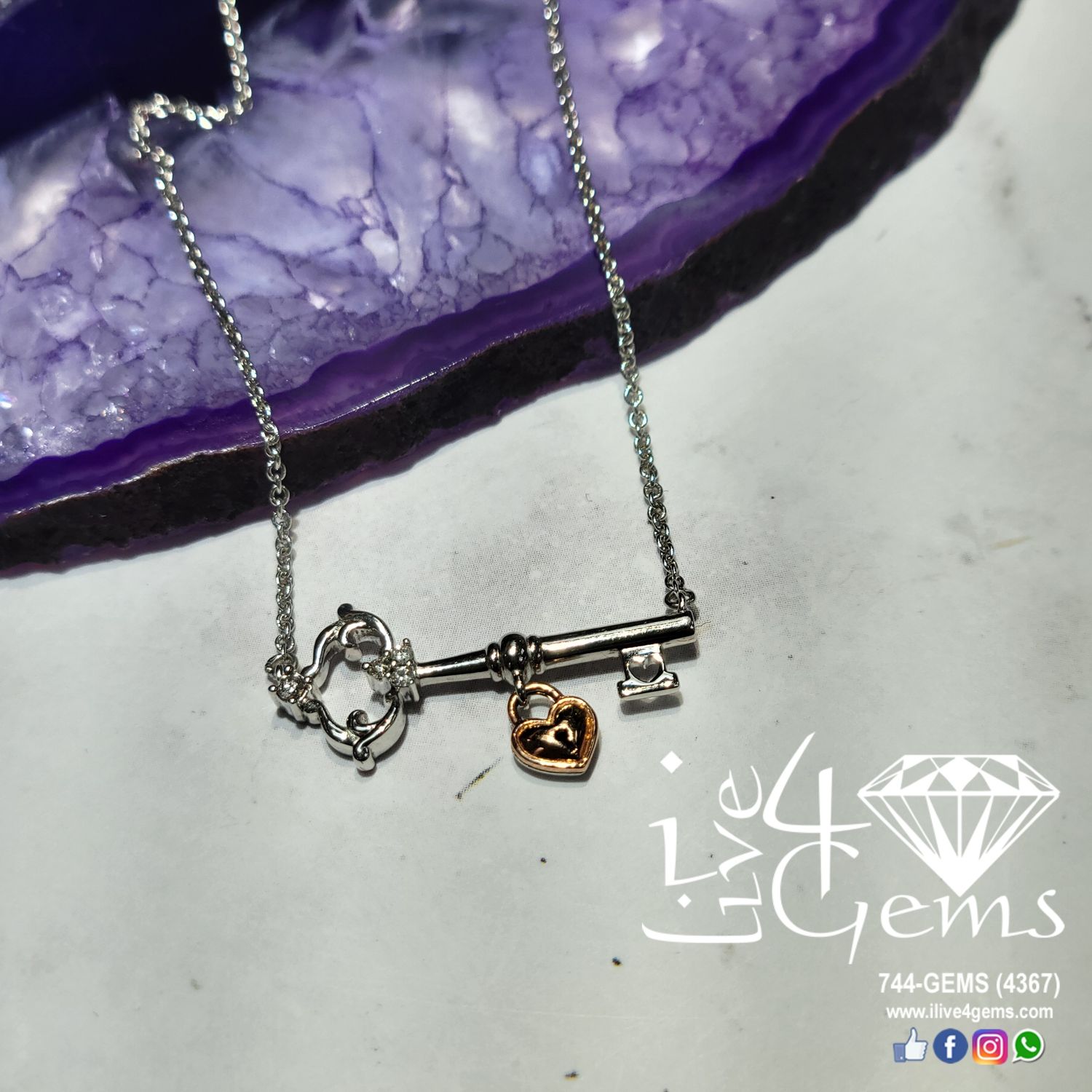 10kt 0.06ctw Dia Silver/Rose Gold Key Heart Necklace