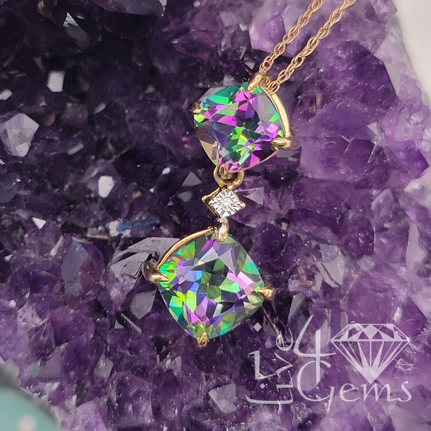 10kty Cushion Cut Double Pendant and Chain, Gemstone: Mystic Topaz