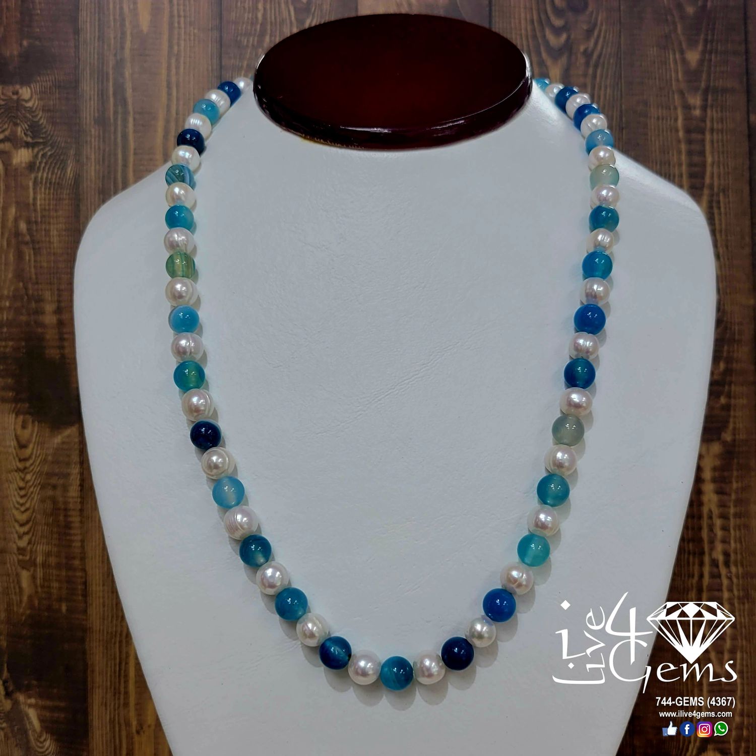 Blue Agate and Pearl Necklace w Magnetic Clasp