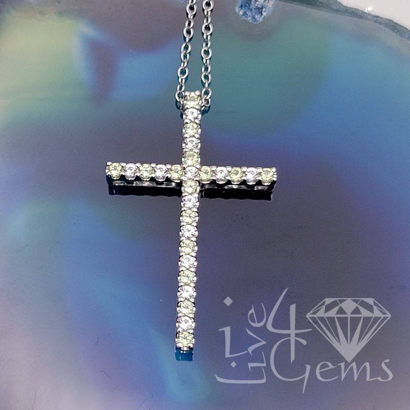 Silver White Sapphire Peridot Cross Pendant w Chain