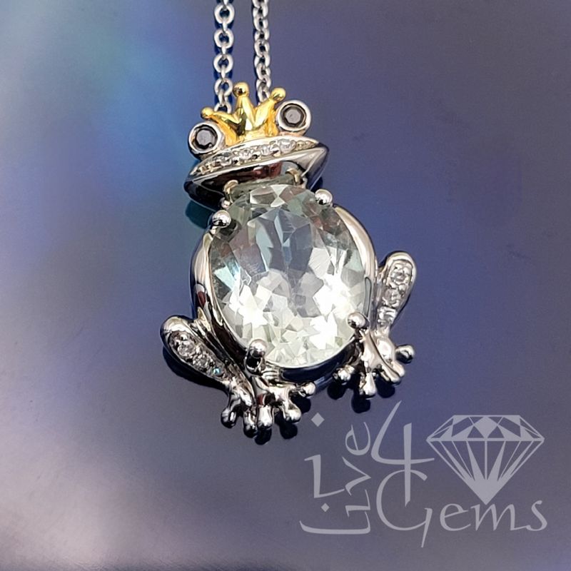 Silver Green Amethyst Diamond Frog Pendant w Chain