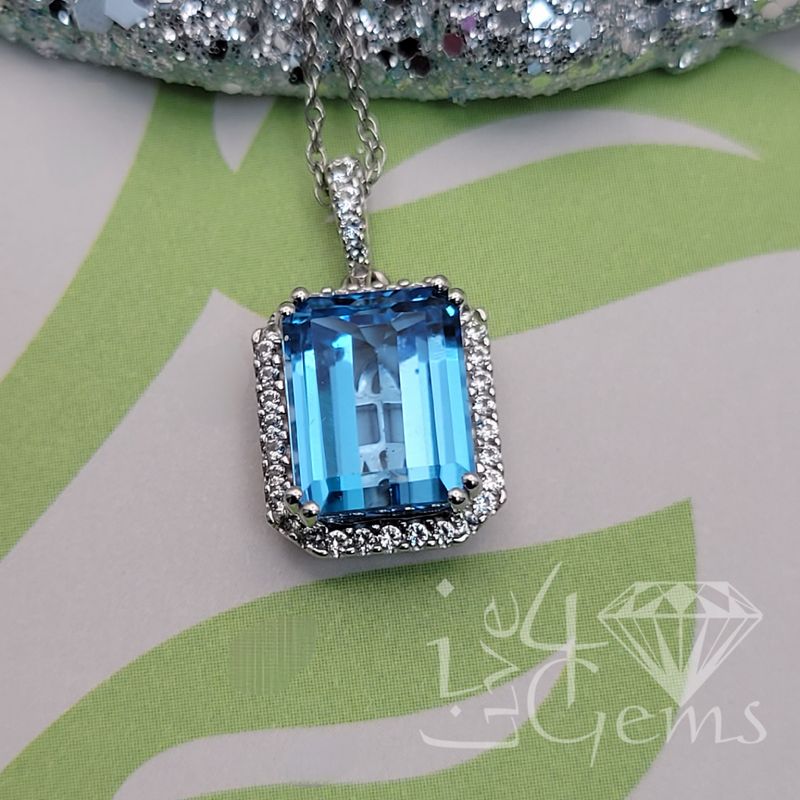 Silver White Sapphire Halo Blue Topaz Pendant w Chain