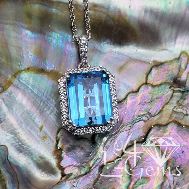 Silver White Sapphire Halo Blue Topaz Pendant w Chain