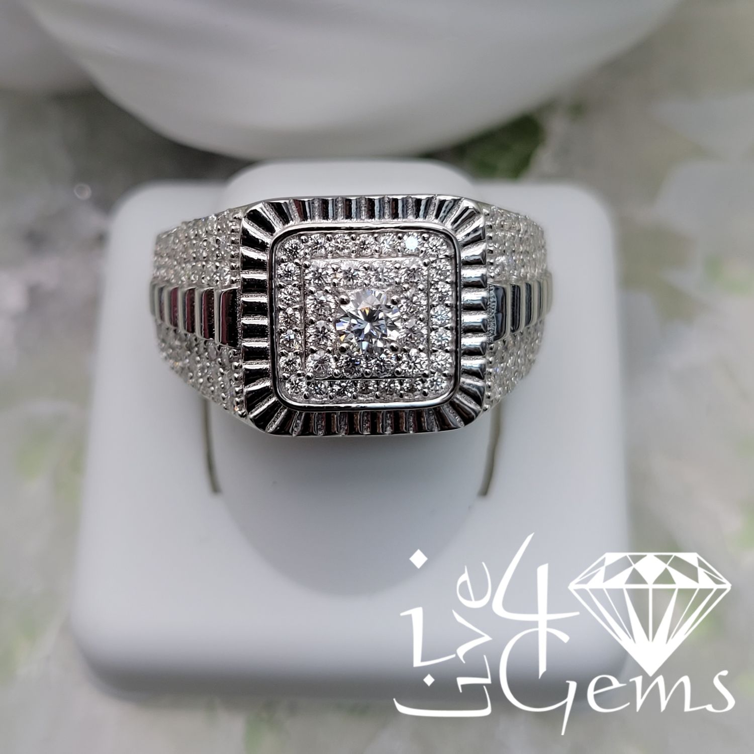 Silver Moissanite 1.50ctw Square Pattern Men&#39;s Ring S11