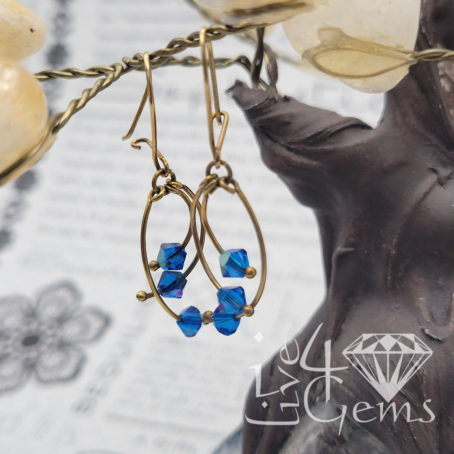 10kt Gold Triple Twist Bead Hanging Earring, Color: Blue
