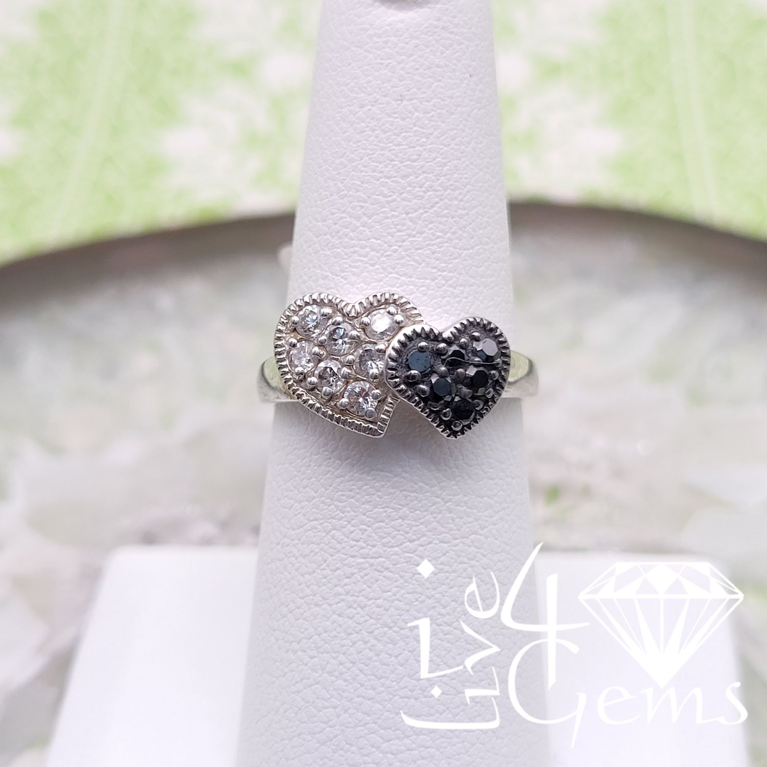 Silver CZ Double Heart Black and White Ring
