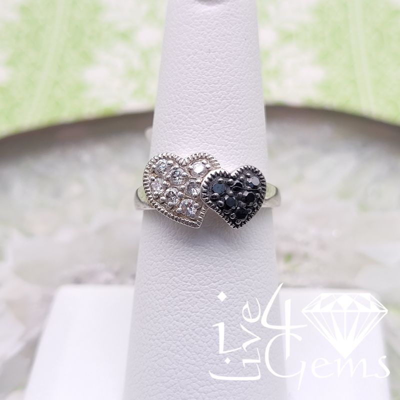 Silver CZ Double Heart Black and White Ring