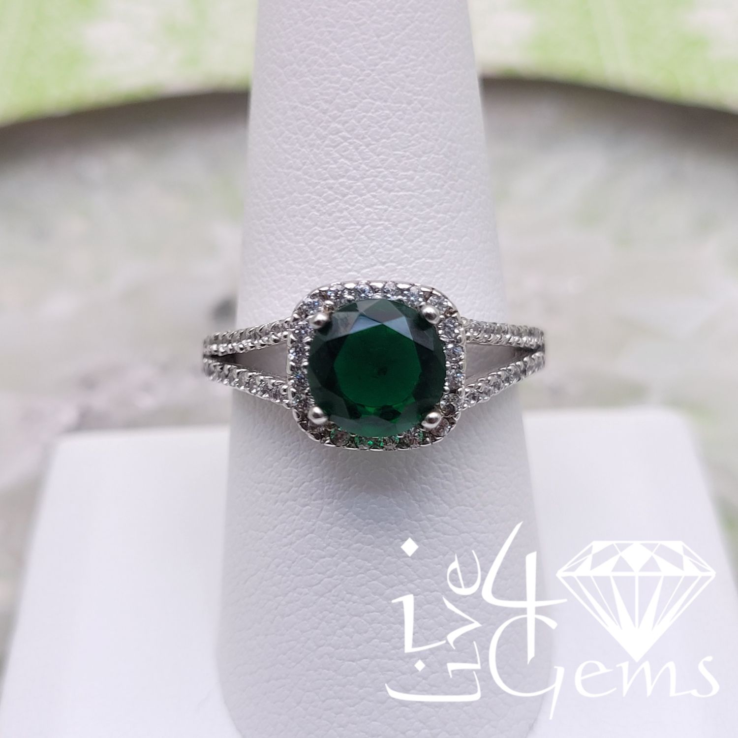 SilverCZ Green Halo Ring Size 9