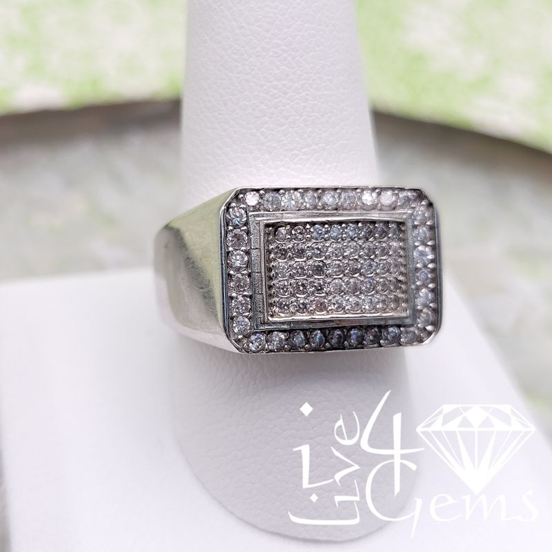 Silver Large Iced Rectangle w Curved Top Ring
