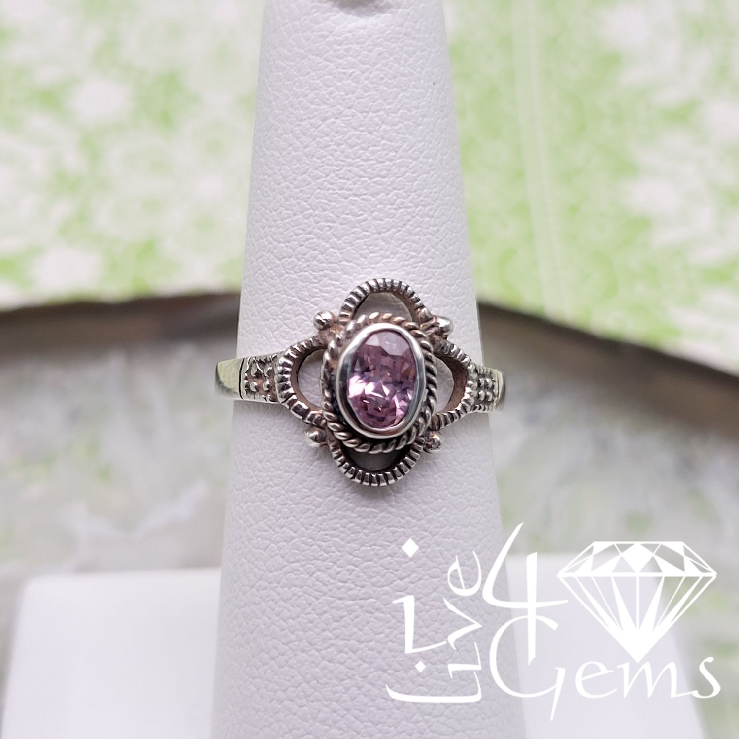 Silver Vintage Pink CZ Ring