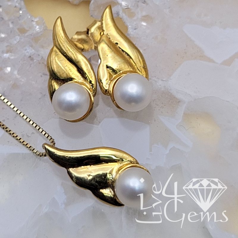 10kt Wing w Pearl Earring/ Chain Pendant Set