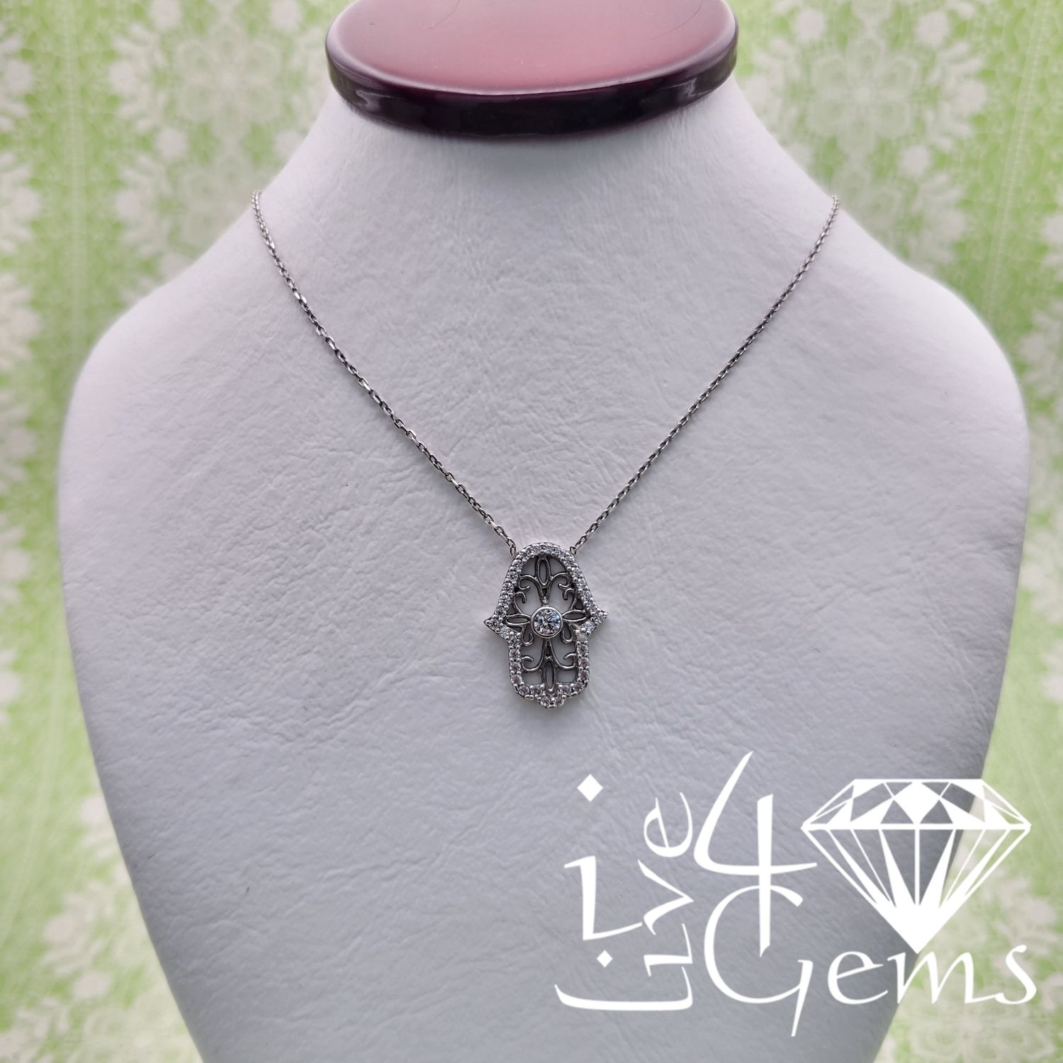Silver Cz Hamsa Hand Pendant w Chain