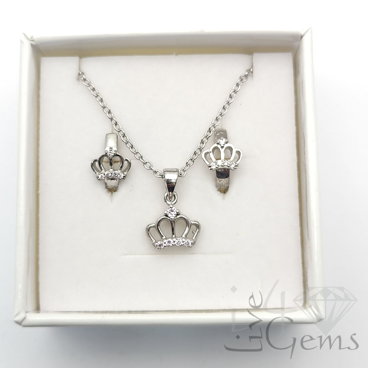 Silver Cz Crown Huggie and Necklace Set