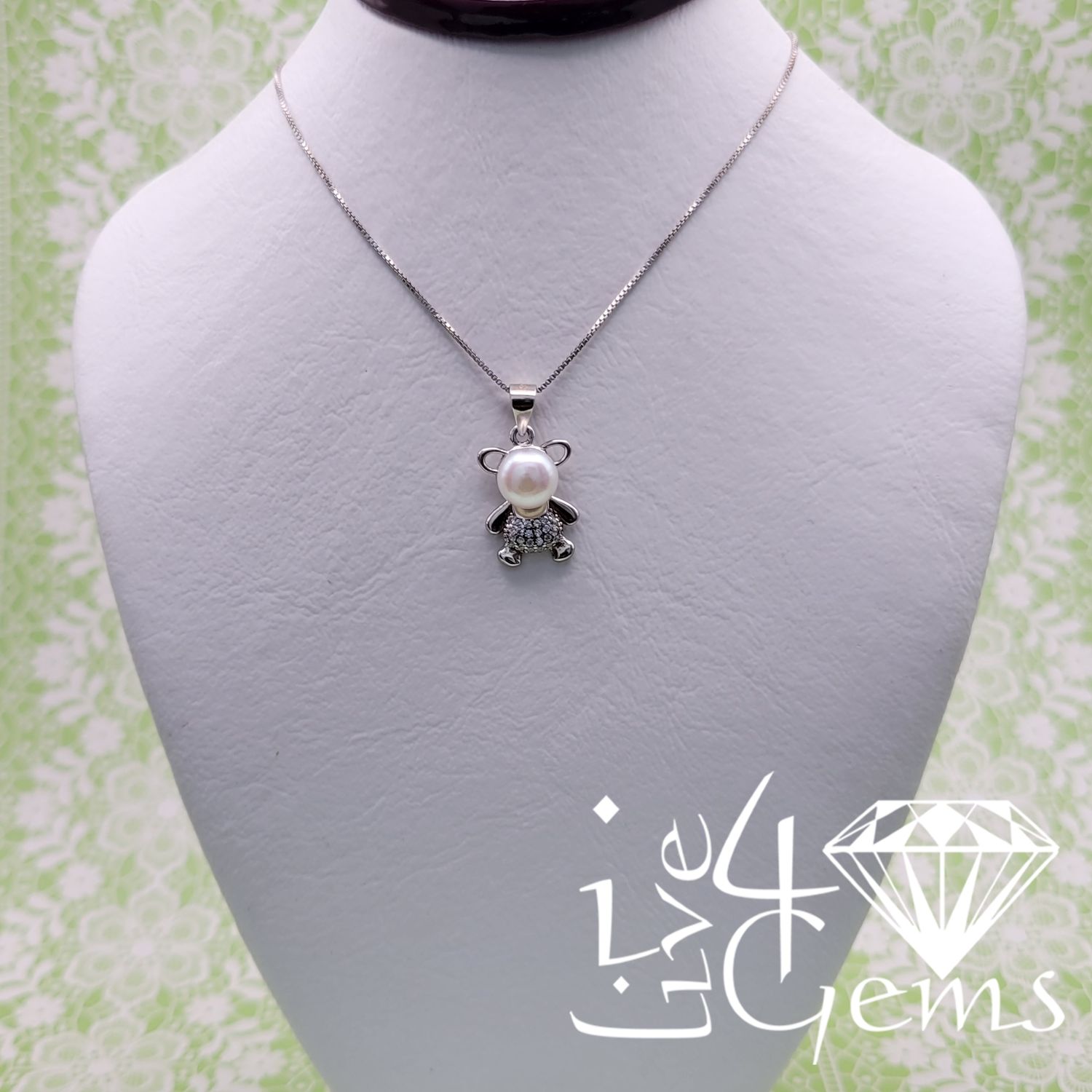 Silver Pearl Teddy Bear Pendant w Chain