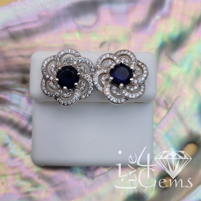 Silver Blue Cz Flower Screwback