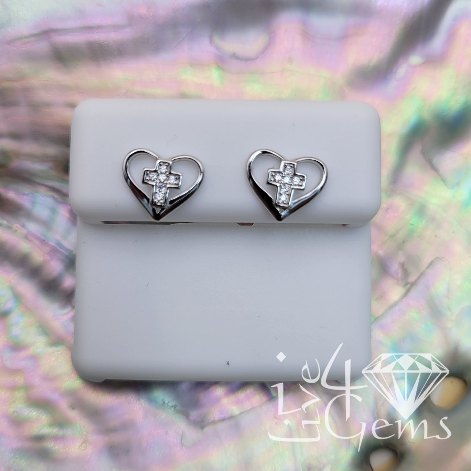Silver Heart Cross Cz Stud