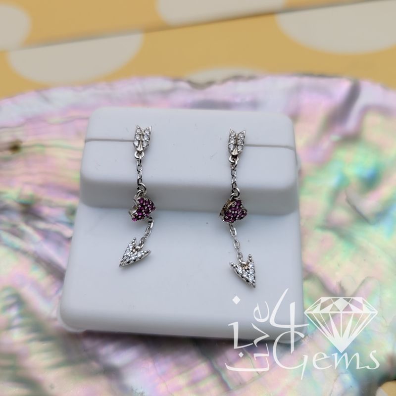 Silver Pink Cz Heart Dangling Earring