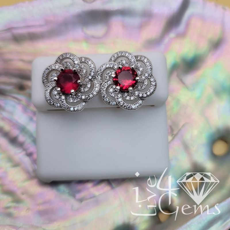 Silver Red Cz Flower Screwback