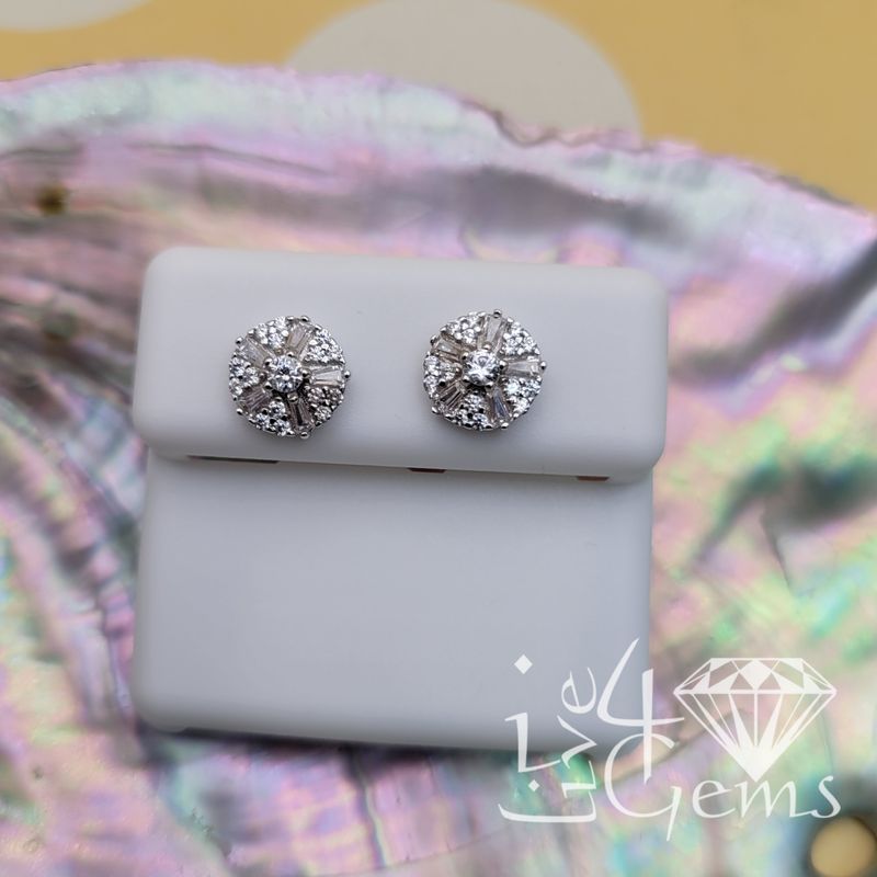 Silver Round Cz Flower Screwback