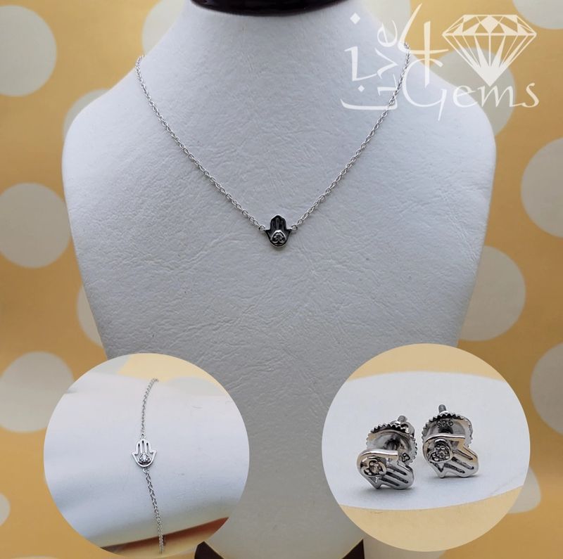 Silver Hamsa Hand Earring Bracelet Necklace Set