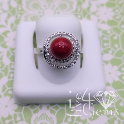 Silver Red Coral and Cz Ring