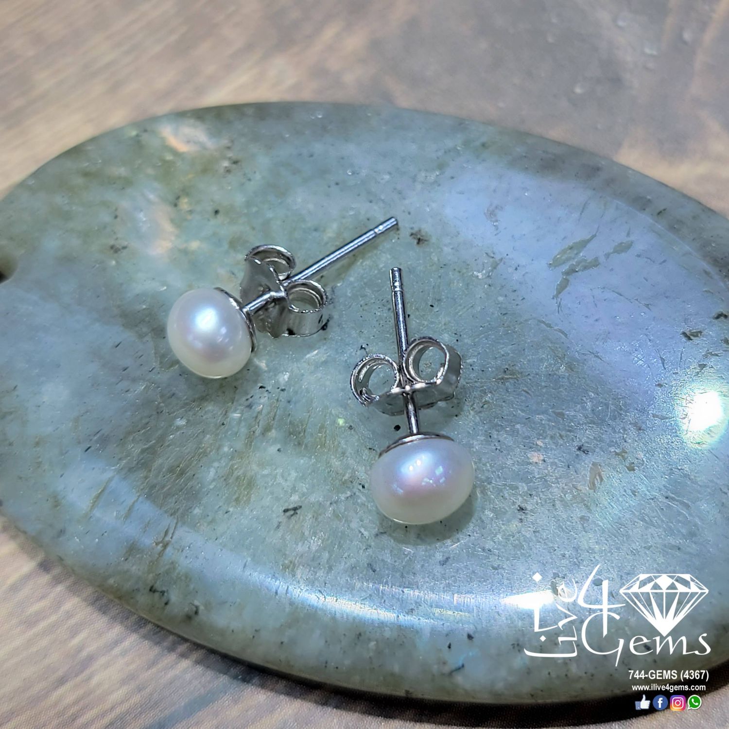 Silver Pearl Studs, Color: White, Size: 4mm-5mm