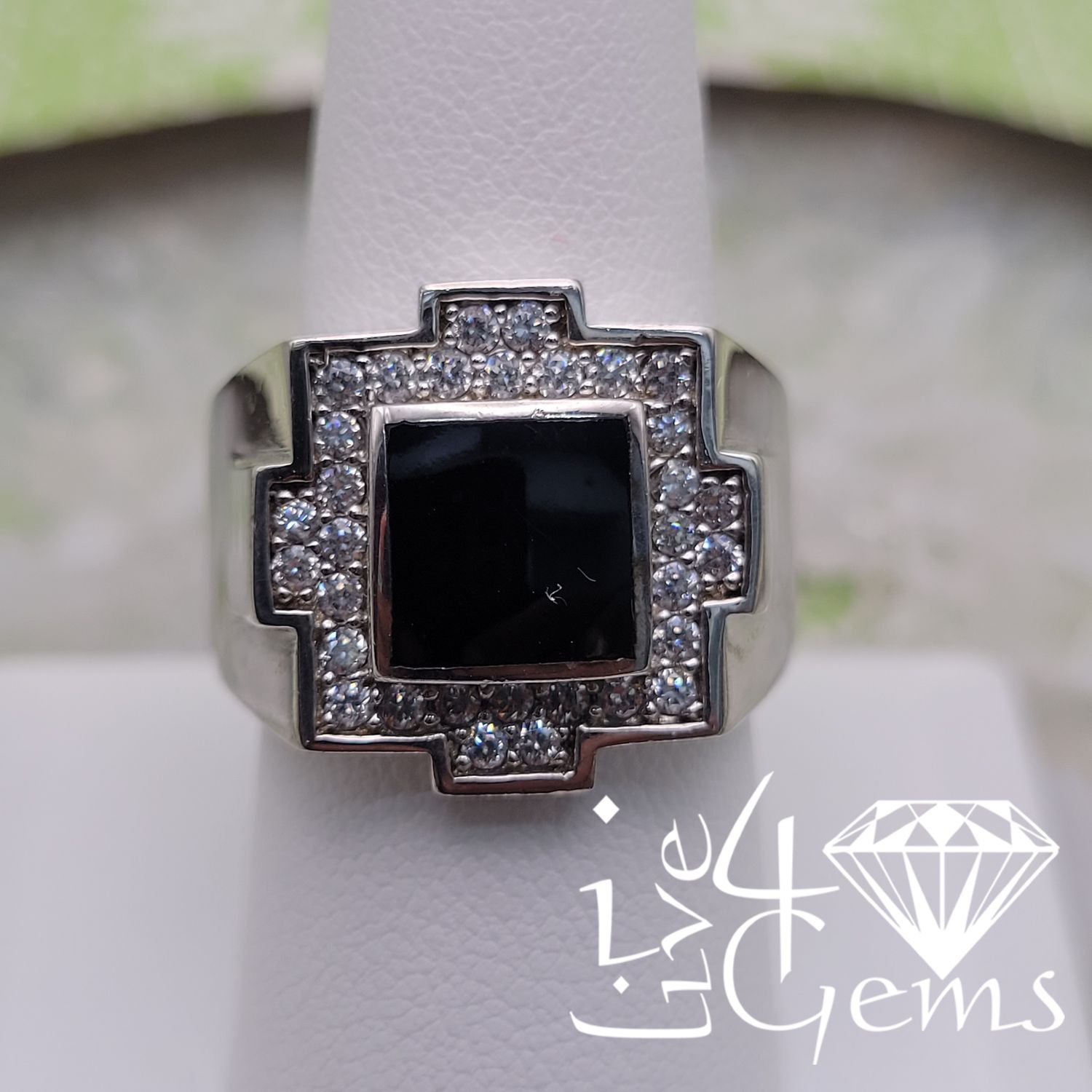 Silver Large Black Onyx w CZ Ring