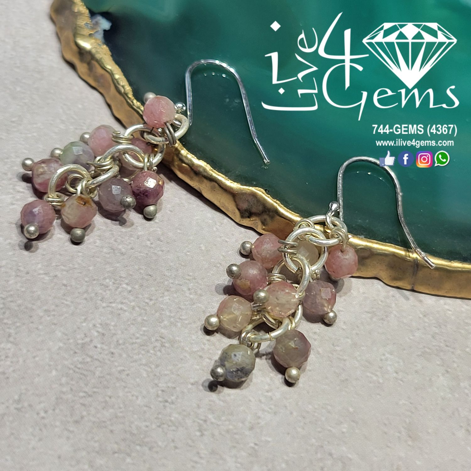 Faceted Gemstone Cluster Silver Earring, Gemstone: Pink  Tourmaline