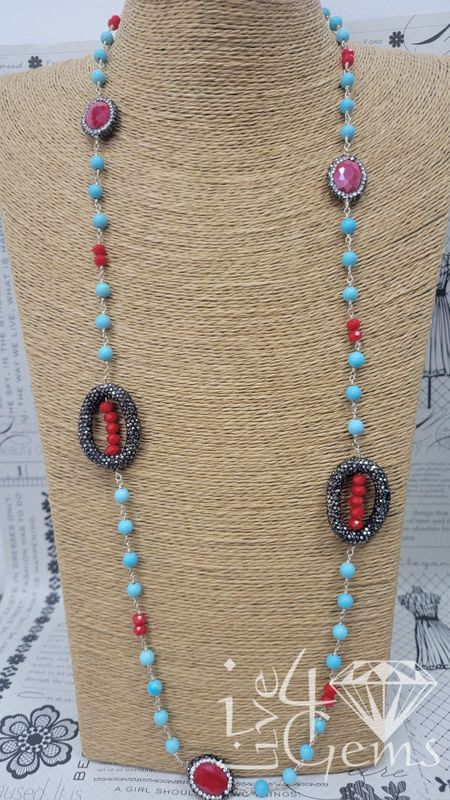 Turquoise, Red Crystal, Micro-druzy Necklace