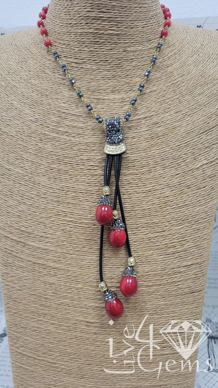 Red Sea Bamboo Coral/Hermatite  Hand Wired Necklace