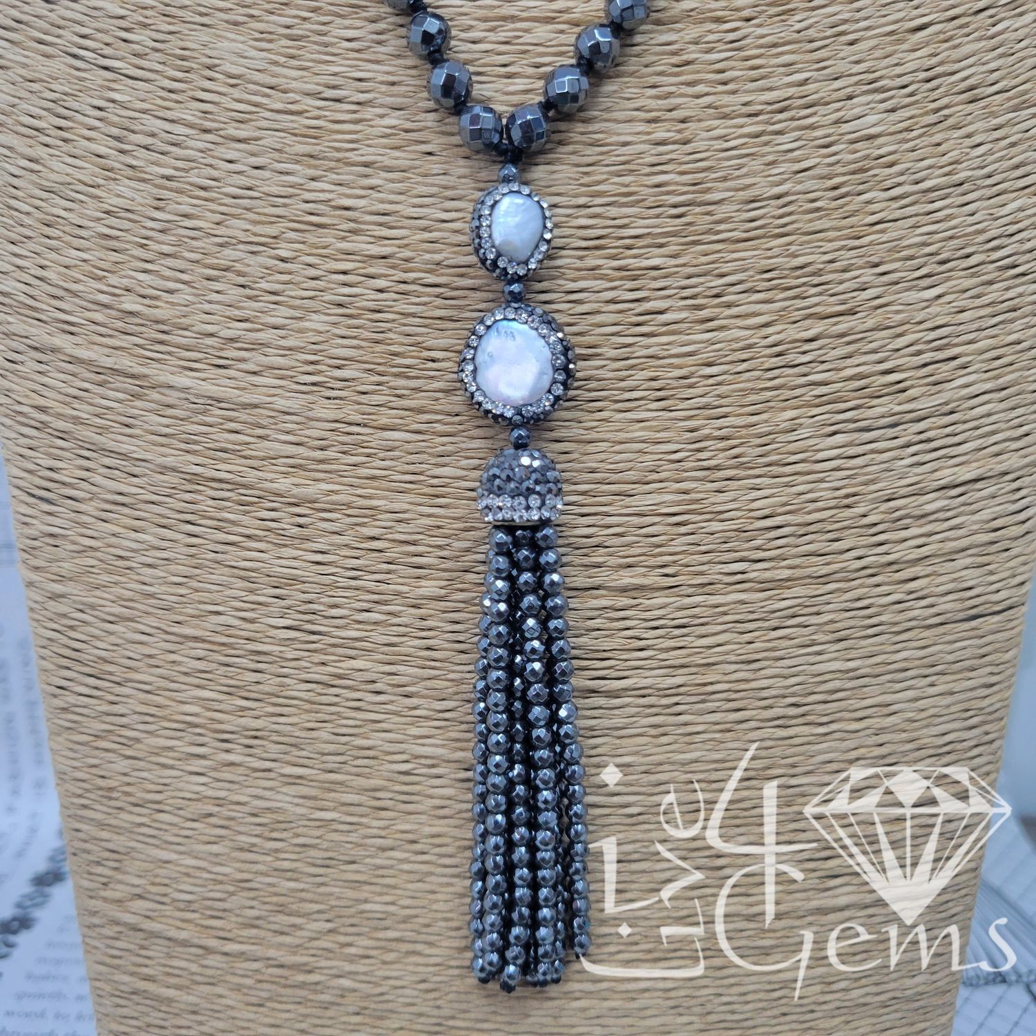 Coin Pearl Hematite Druzy Necklace Hand Strung 39&quot; Tassel 3&quot;