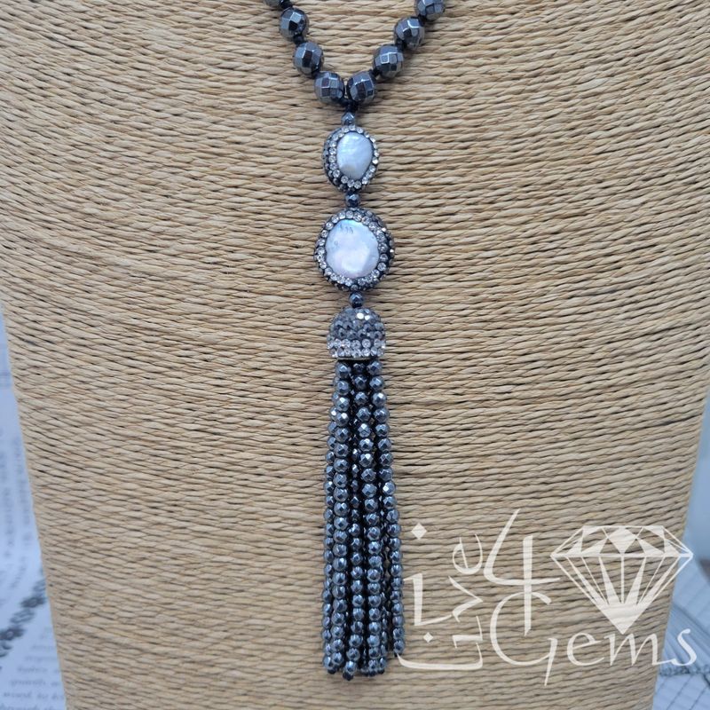 Coin Pearl Hematite Druzy Necklace Hand Strung 39&quot; Tassel 3&quot;