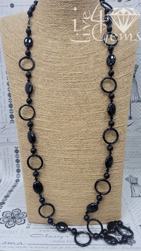 Black Onyx 42&quot;L Round, Ring, Hand Knotted