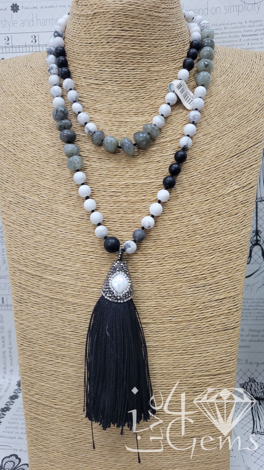 Bk Onyx , Howlite , Labradorite, MOP Detach  Silk Tassel