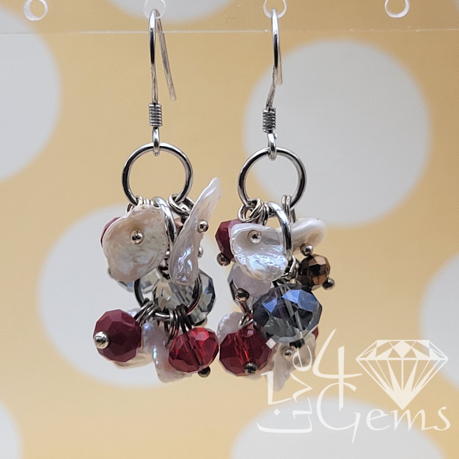 Silver Keshi Pearl w  Red/Blue Crystal Hanging Earring