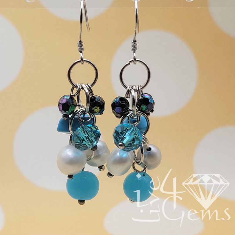 Silver Pearl Turquoise w Agate Hanging Earring