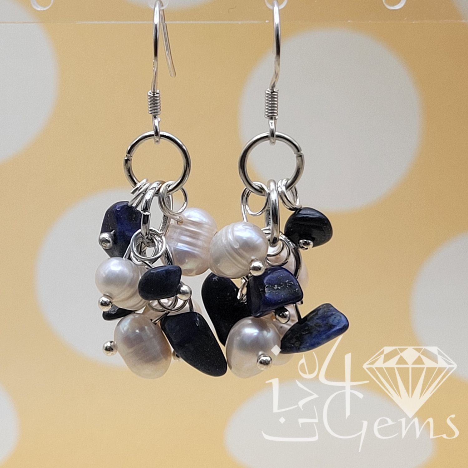 Silver Pearl w Lapis Lazuli Clusters Hanging Earring