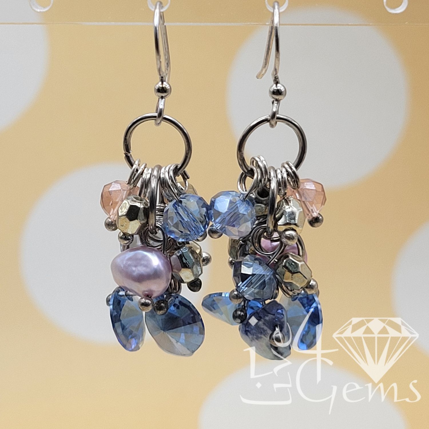 Silver Pink Pearl w Blue Crystal Hanging Earring