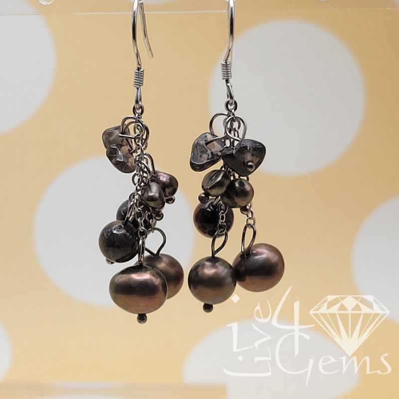 Silver Brown Pearl w Tiger&#39;s Eye Hanging Earring