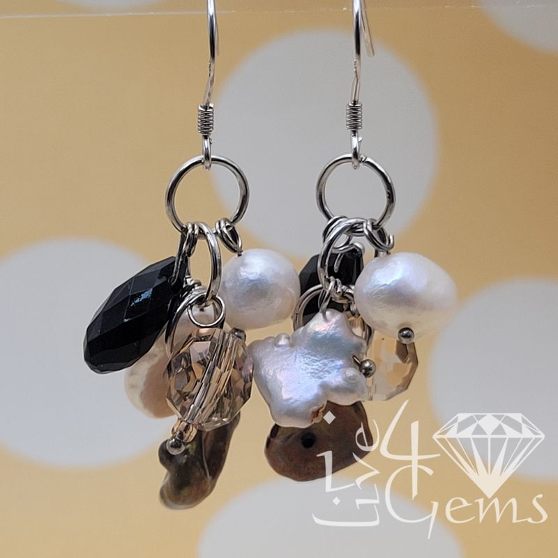 Silver Keshi Pearl w  Brown Crystal Hanging Earring