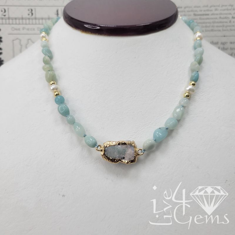 Amazonite and Freshwater Pearl Choker w Pendant