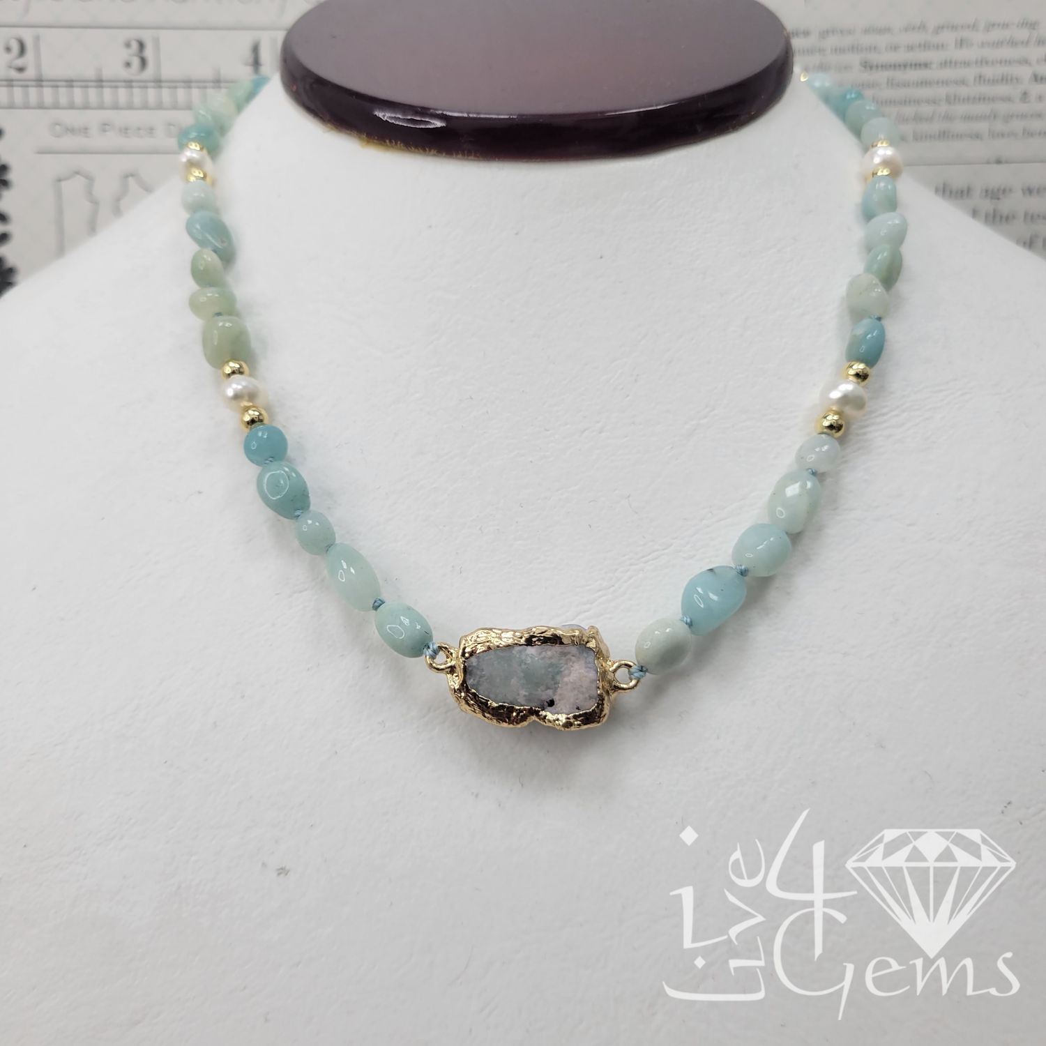 Amazonite and Freshwater Pearl Choker w Pendant