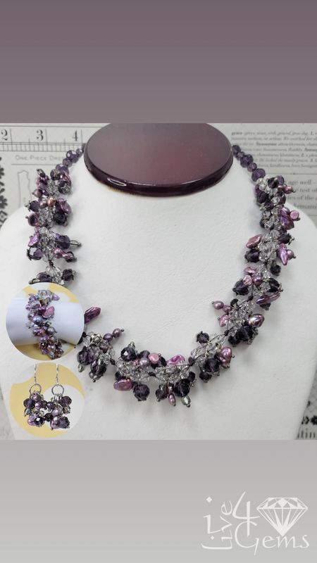 Purple Pearl Baroque w Crystal Necklace, Earring and Bracelet