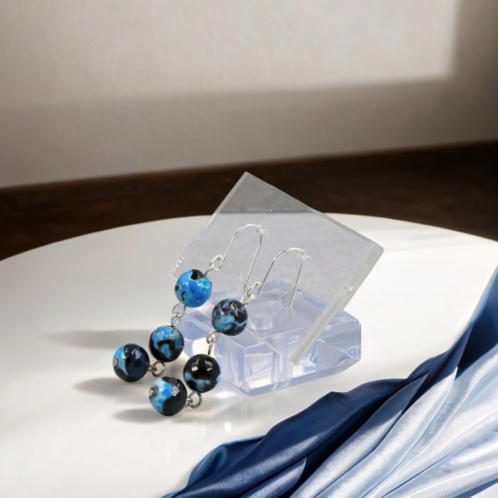 Faceted Black and Blue Agate Drop Down Gemstone Earrings