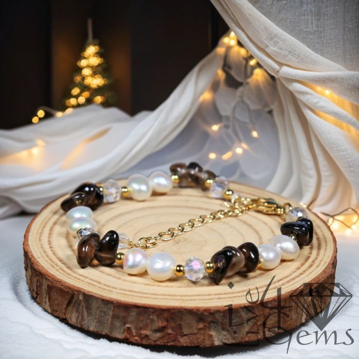 6&quot; 2&quot; Extender Smokey Quartz and Freshwater Cultured Pearl Bracelet