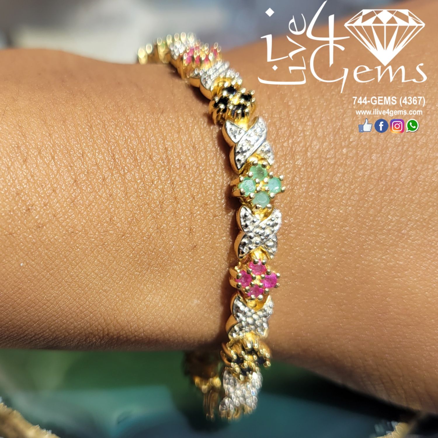 Gold Plated Silver Diamond Emerald Ruby Sapphire Bracelet
