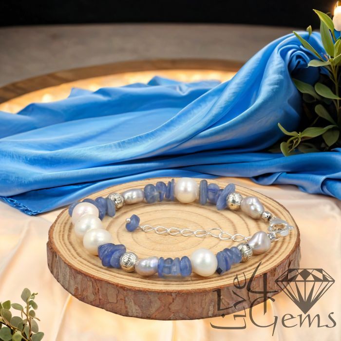 7&quot; Kyanite w Freshwater Pearls and Silver Beads Bracelet